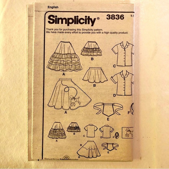 Simplicity 3836 Child’s Poodle Skirt Costume Uncut Sewing Pattern (3,4,5,6) - Picture 4 of 11